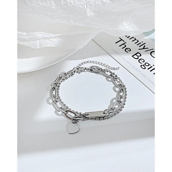 Silver Heart shaped Layered Chain Bracelet - Picture 3 of 5